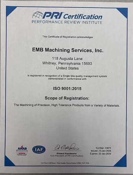 ISO 9001:2015 certificate of registration issued to EMB Machining Services, Inc. by PRI Certification, certificate number 23870.