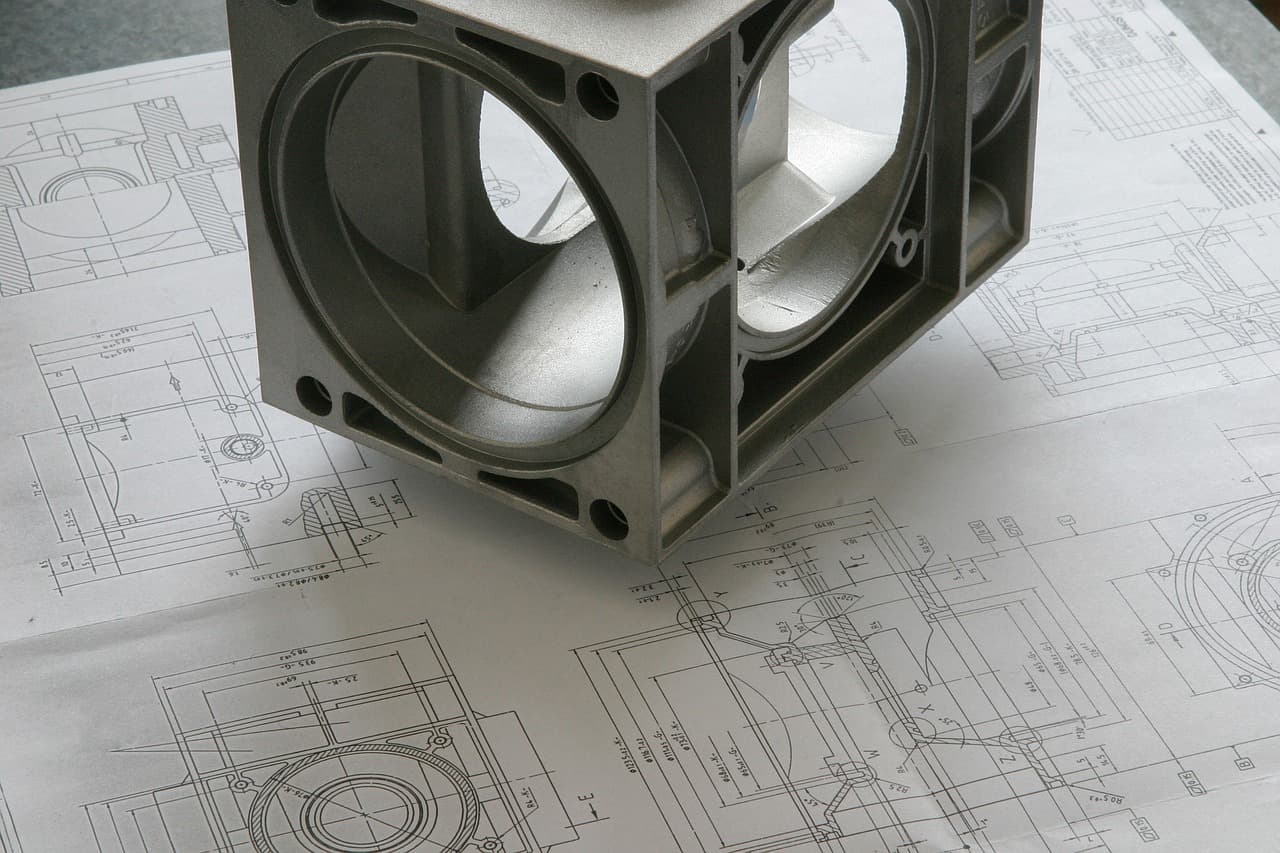 A machined housing resting on a set of dimensioned engineering drawings.